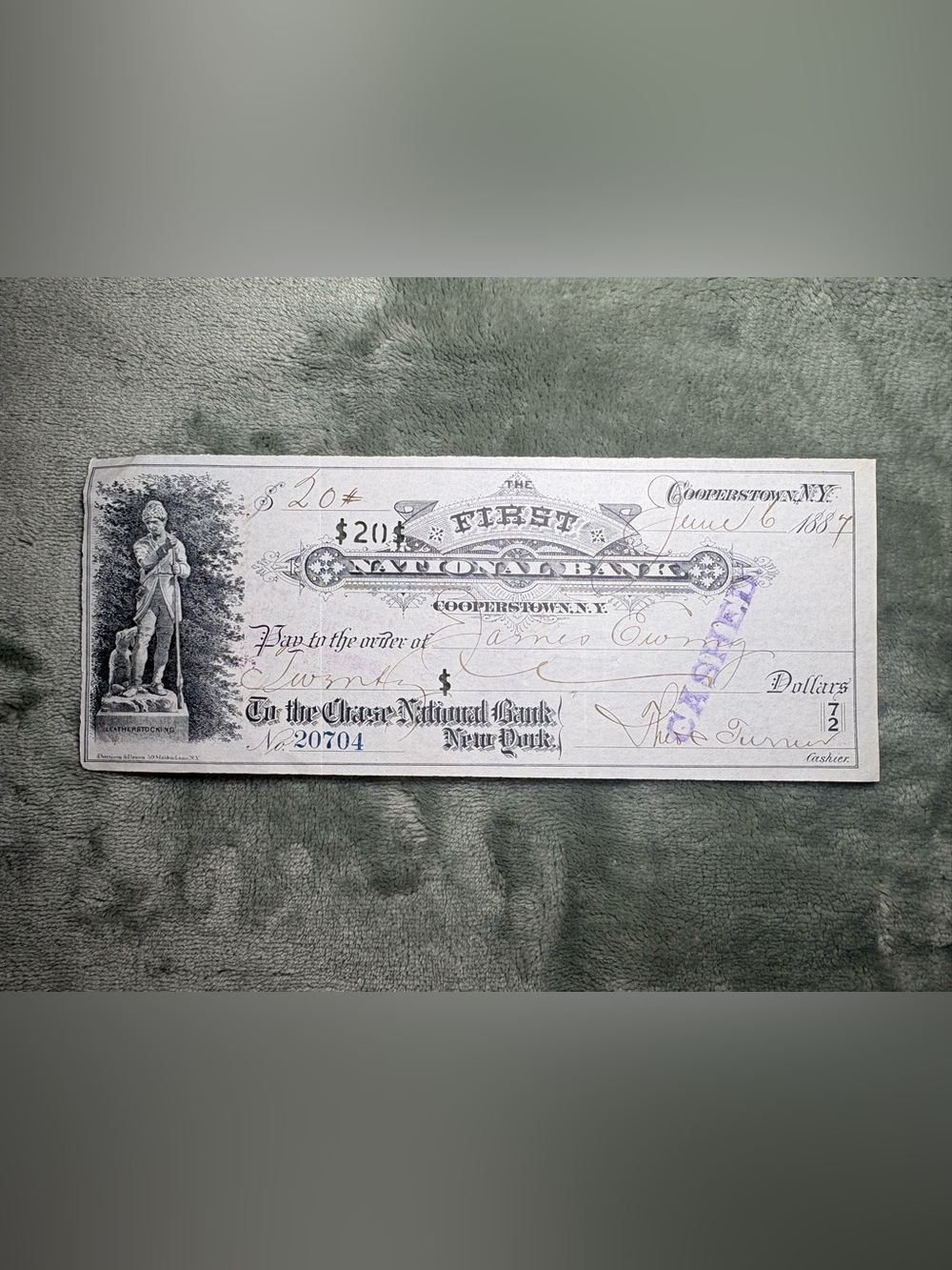 1887 First National Bank Cooperstown NY antique bank check